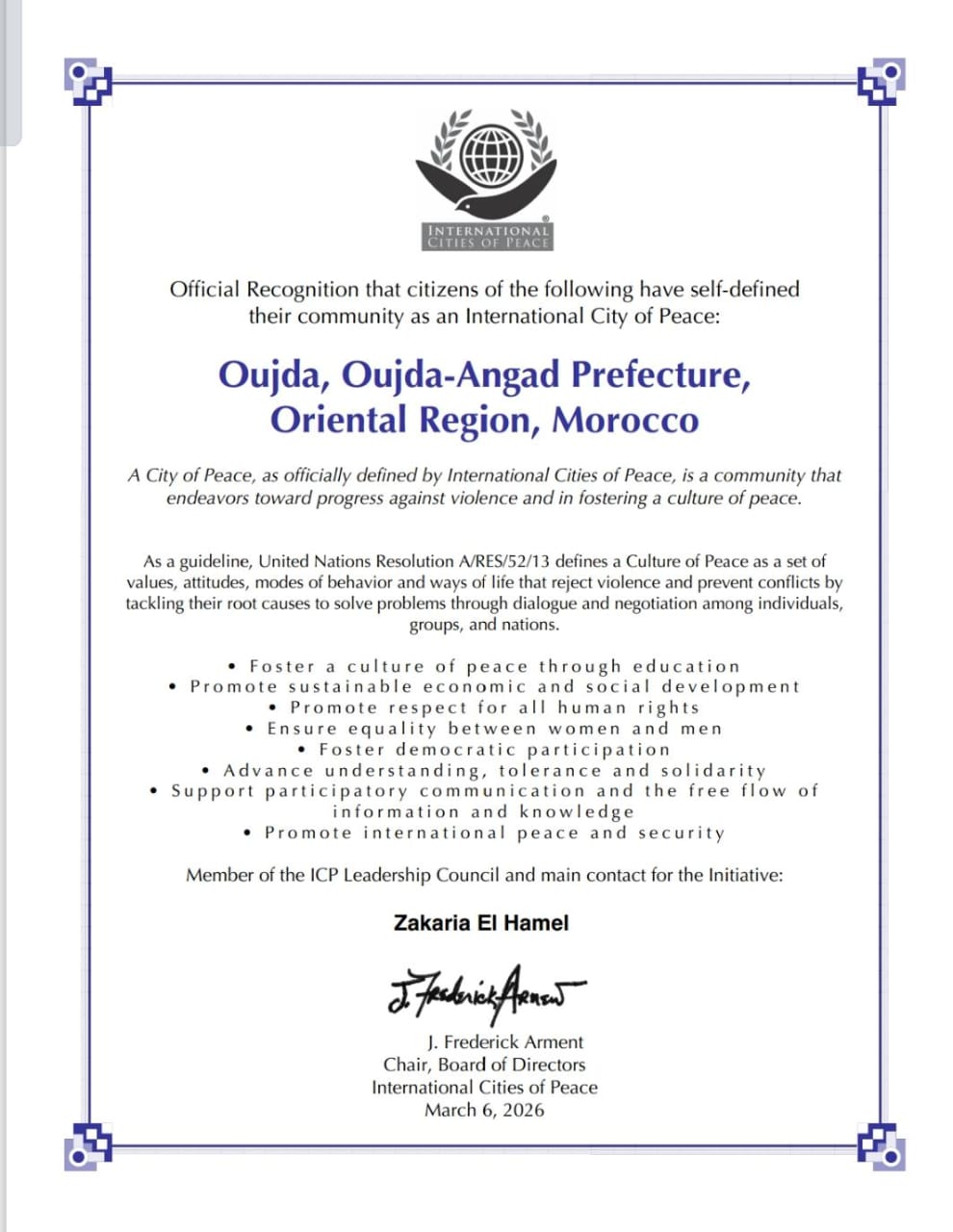 Certificat Cité Internationale de la Paix